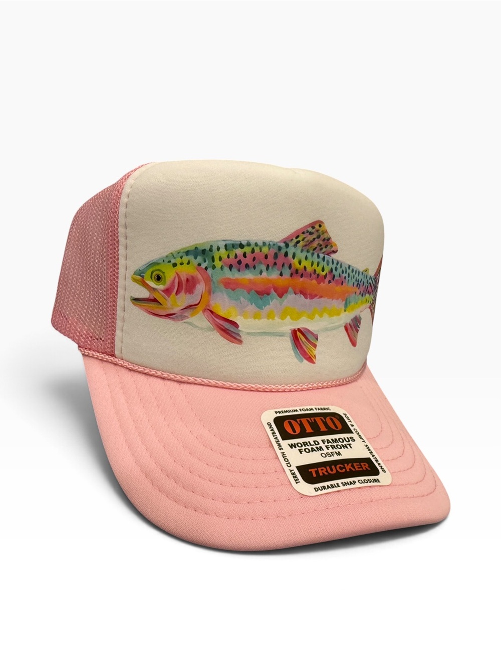 Handmade OTTO Pink Trucker Hat with Colorful Fish Design